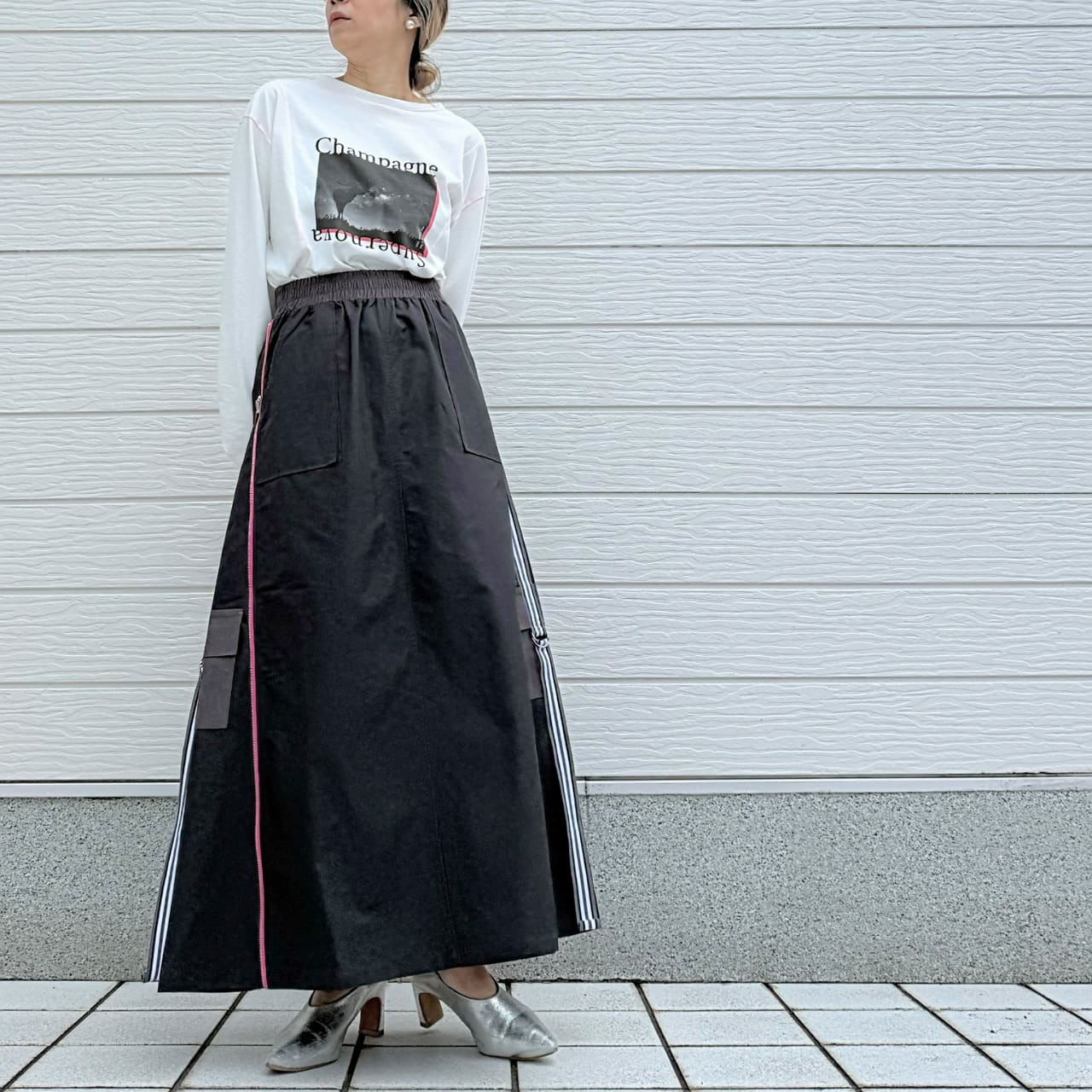 切替サイドZipラインスカート カーキ Free