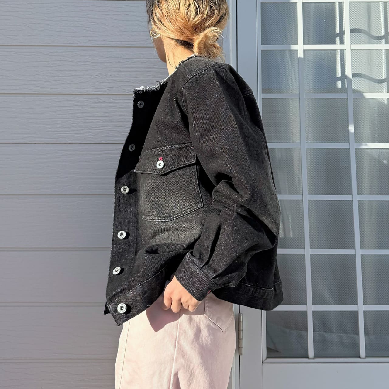 ノーカラーデニムブルゾン サックス Free