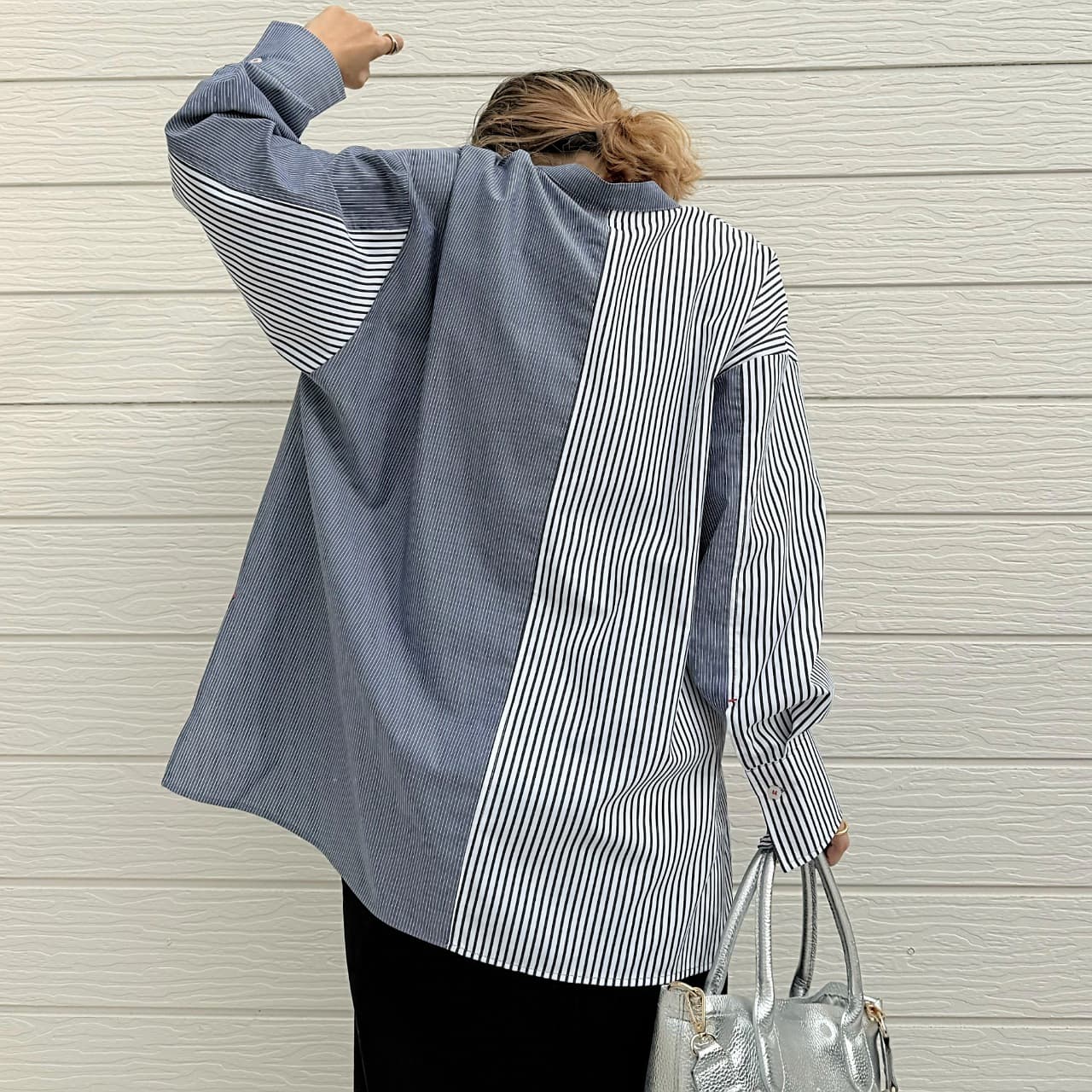 ミックスストライプシャツ ブルー系 Free