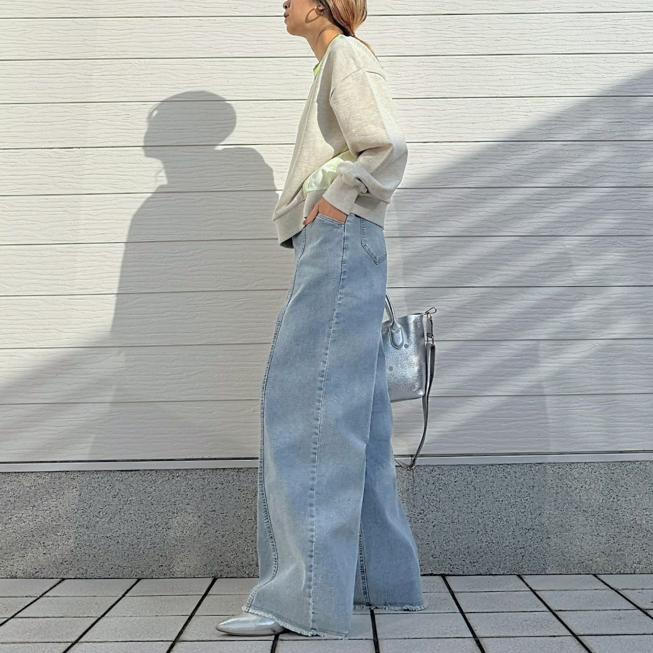 リブネックオープンZIPトップス ライトグレー Free