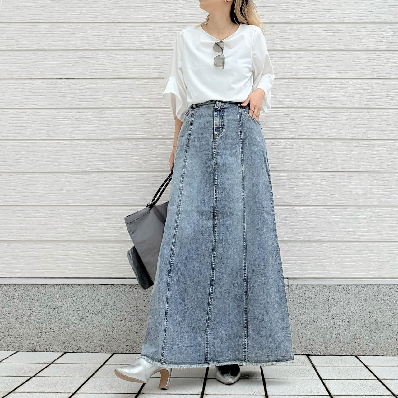 ストレッチデニムナロースカート ホワイト Free