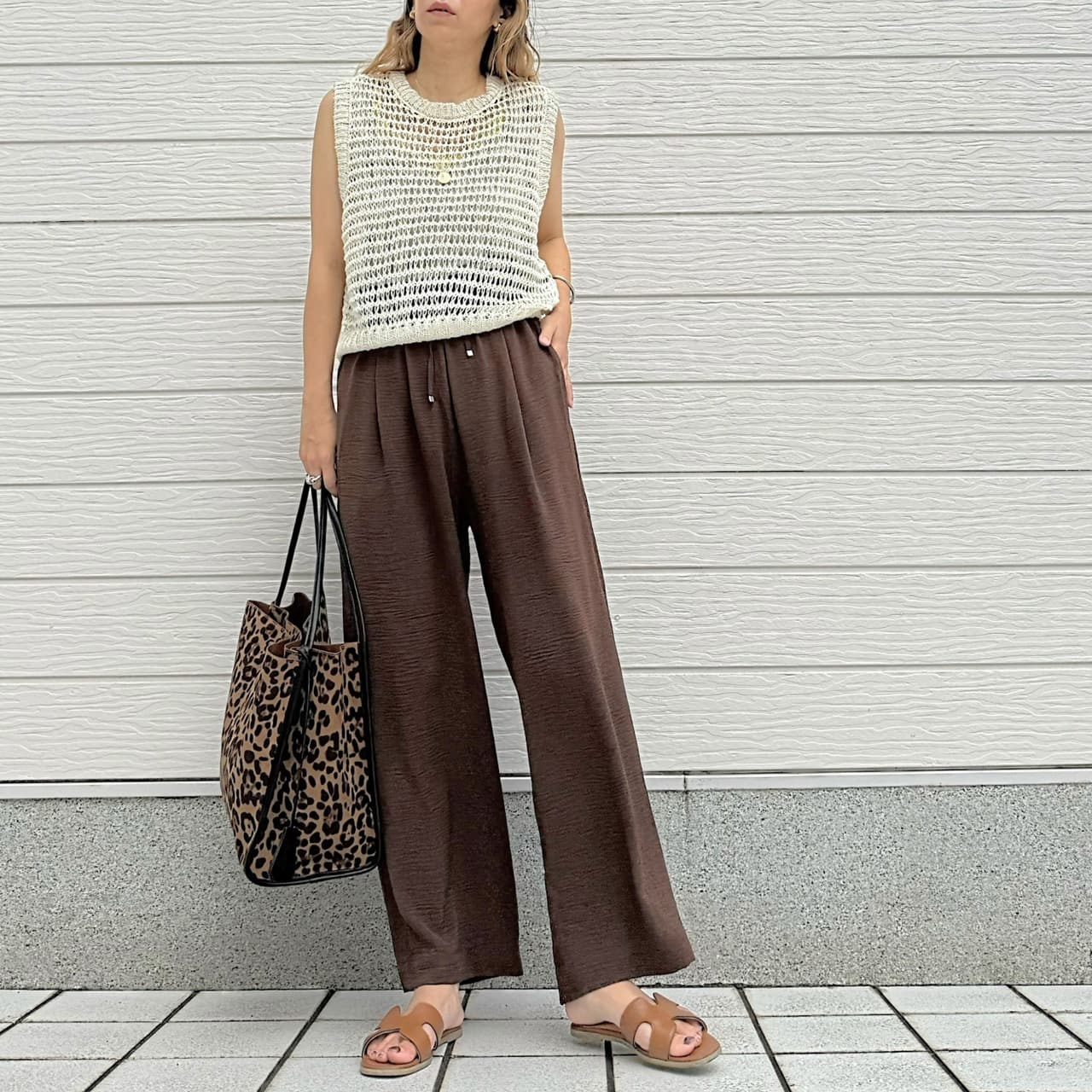 リラックス麻ライクワイドパンツ ブルー Free