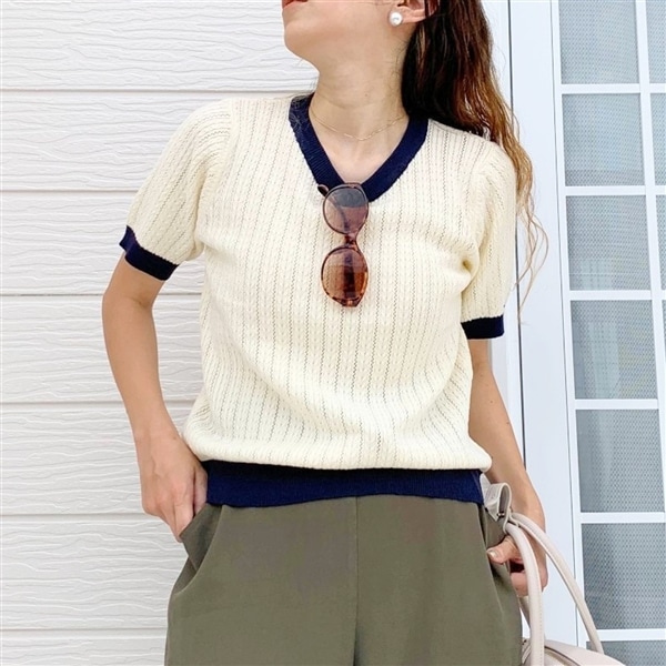 バイカラーケーブル半袖ニット アイボリー Free