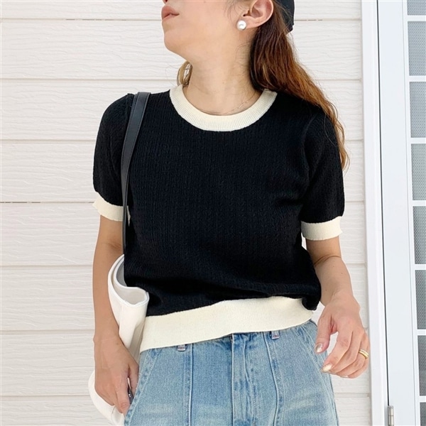 バイカラーケーブル半袖ニット ブラック Free
