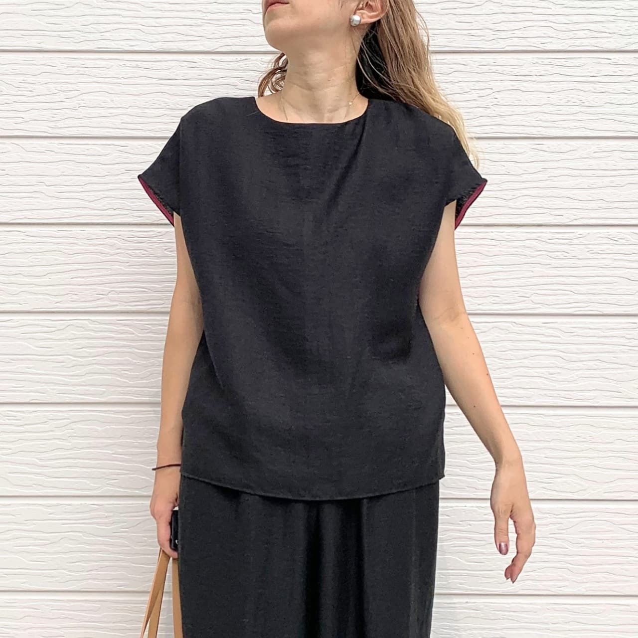 【セットアップ対応】レーヨンスラブネックベルトブラウス ブラック Free