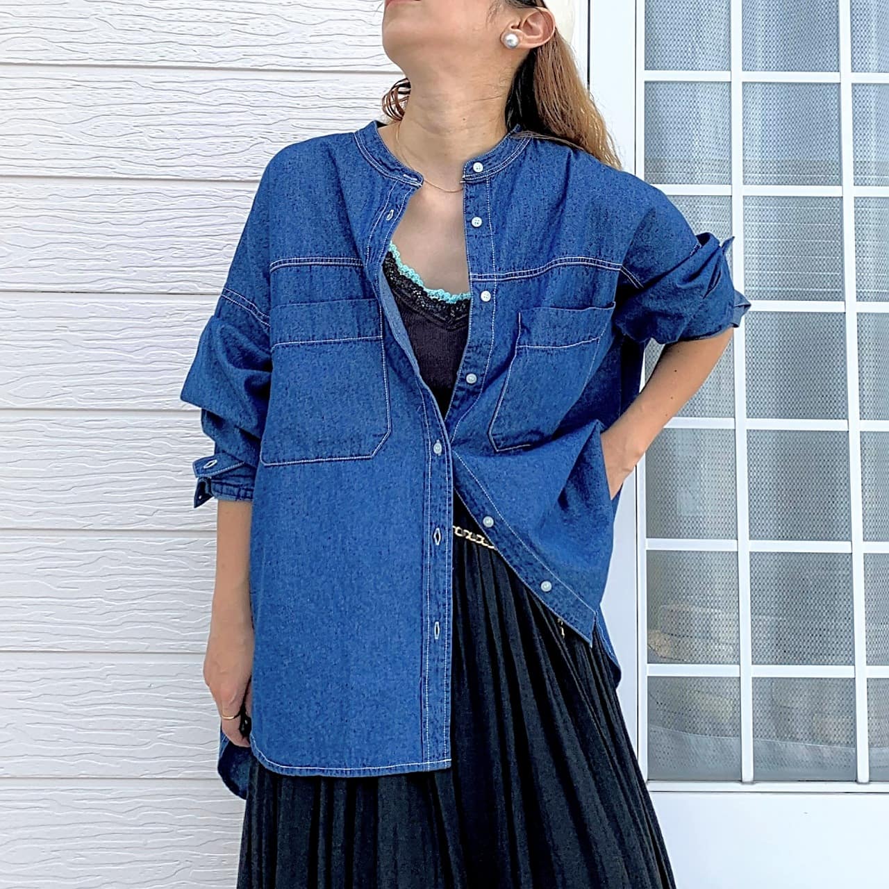 バンドカラーデニムシャツ インディゴ Free