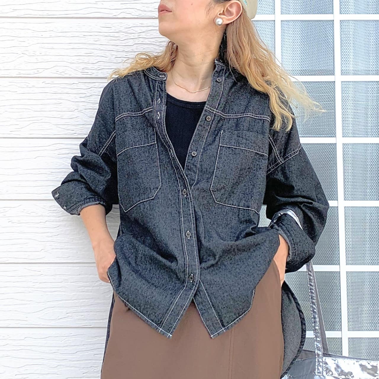 バンドカラーデニムシャツ ブラック Free