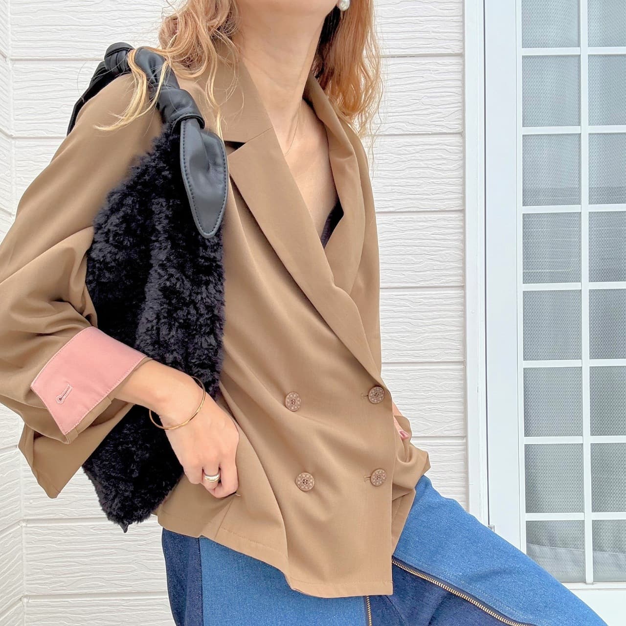 ダブルブレストバイカラージャケット キャメル Free