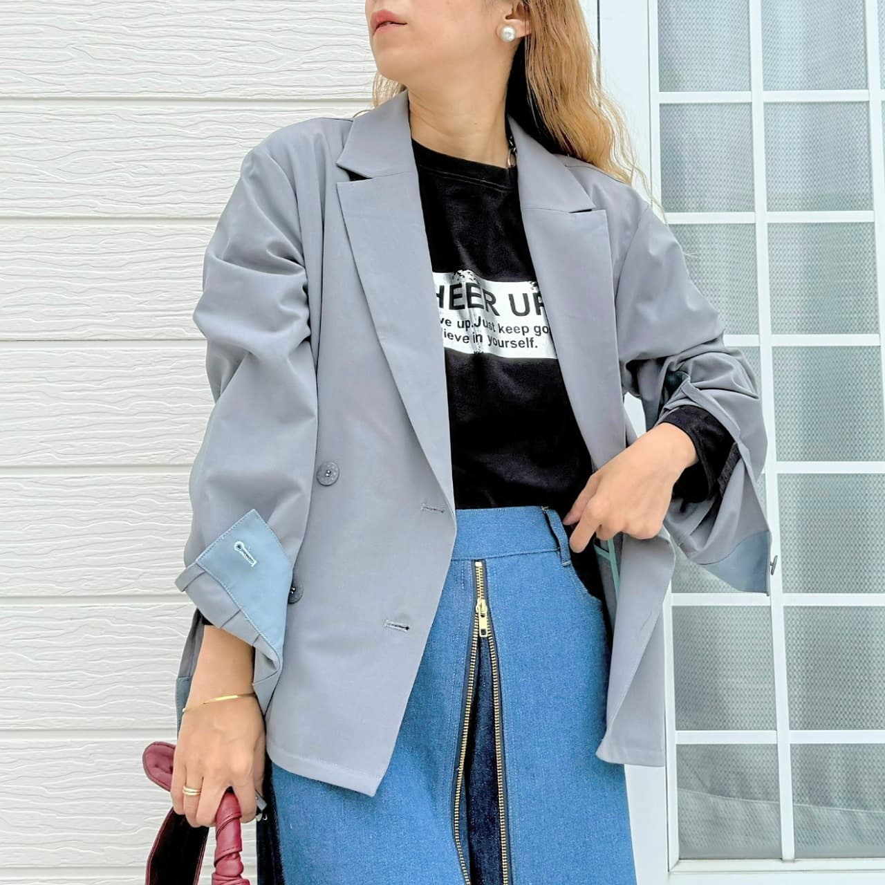 ダブルブレストバイカラージャケット アイスブルー Free