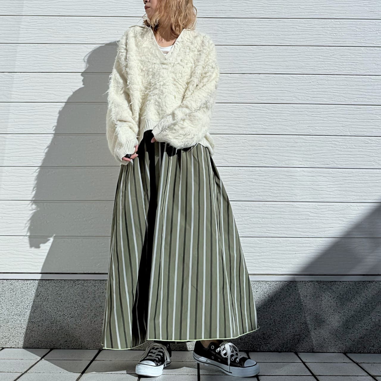 メモリーマルチストライプスカート カーキ Free