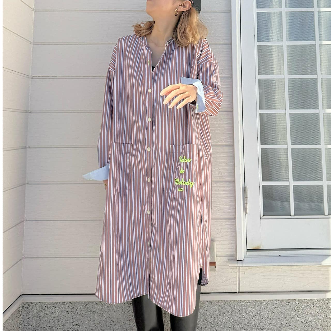 ポケット刺繍ロングシャツ ブラウン Free