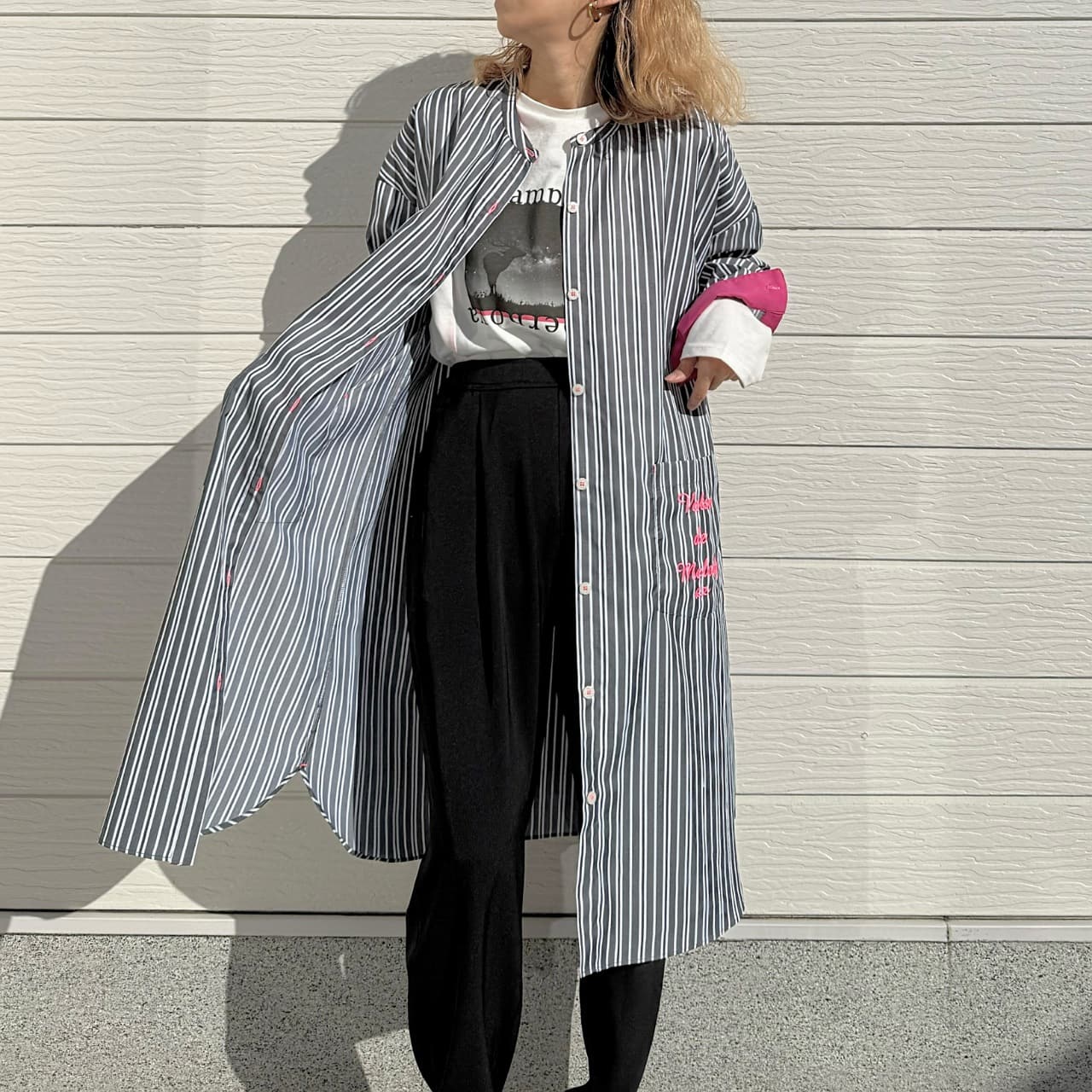 ポケット刺繍ロングシャツ ネイビー Free