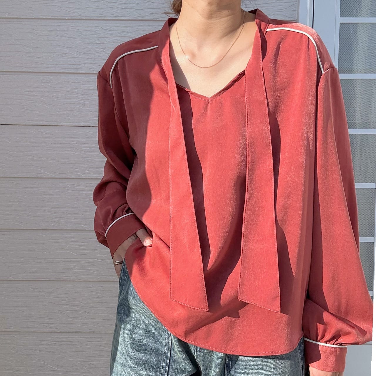 ラインボウタイブラウス テラコッタ Free