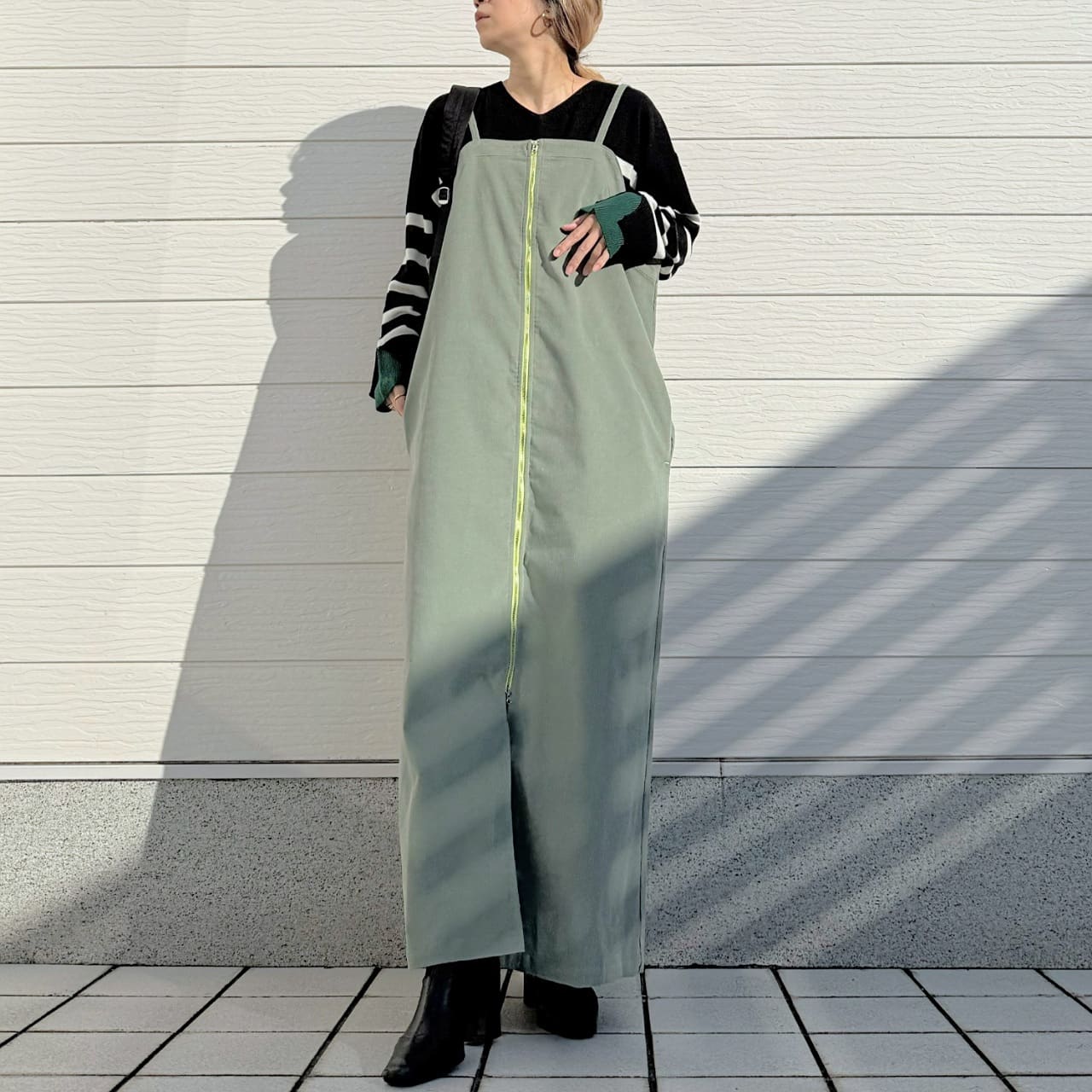 コーデュロイZipキャミワンピ カーキ Free