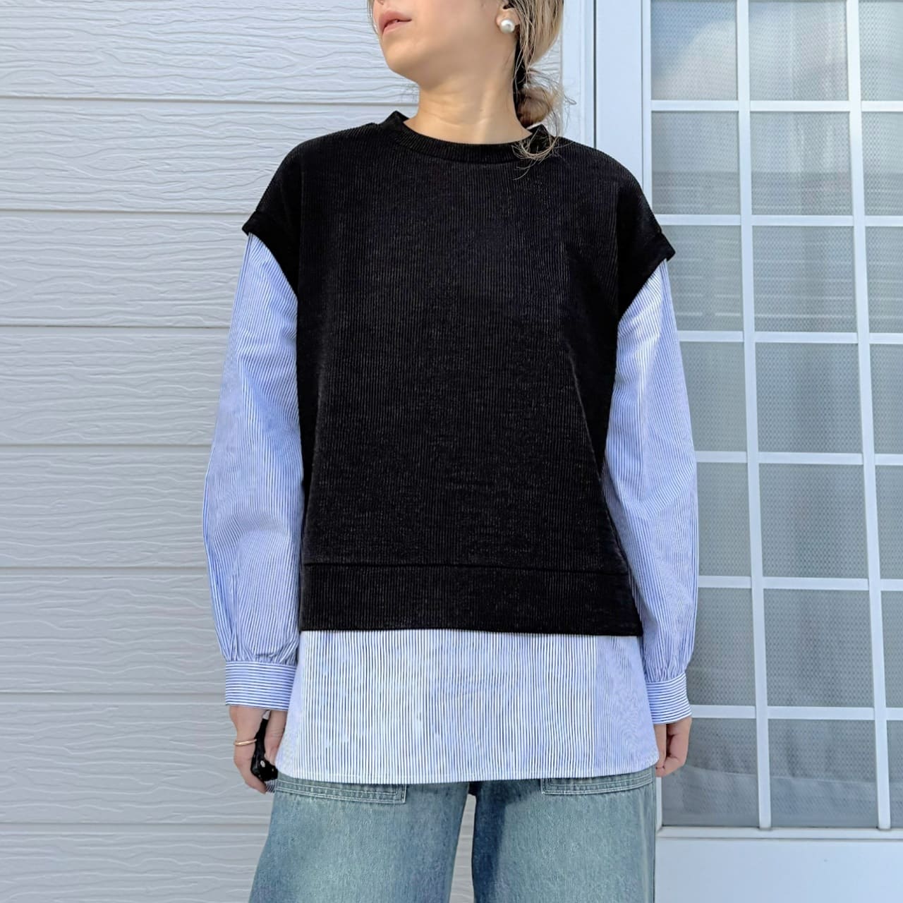 ストライプシャツドッキングニット ブラック Free