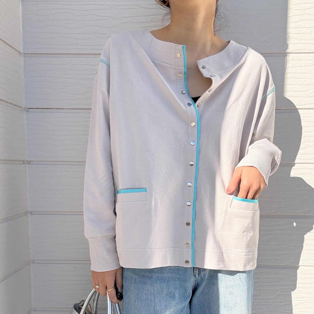 ミニ裏毛ラインボックスカーデ ライトグレー Free