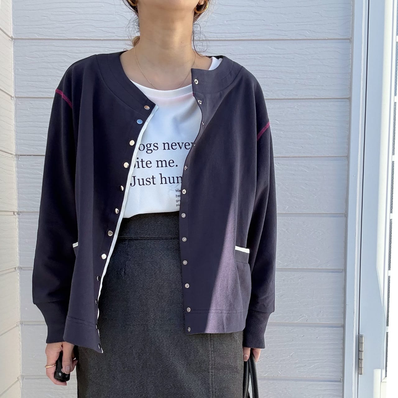 ミニ裏毛ラインボックスカーデ ネイビー Free