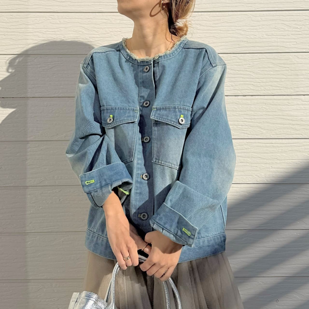 ノーカラーデニムブルゾン サックス Free