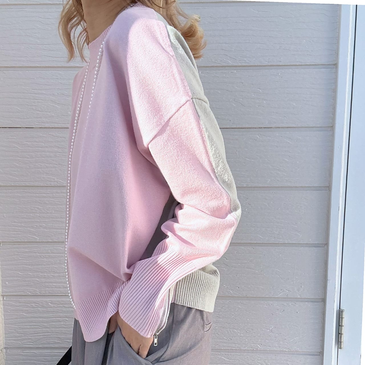 バイカラーZipニット ピンク Free