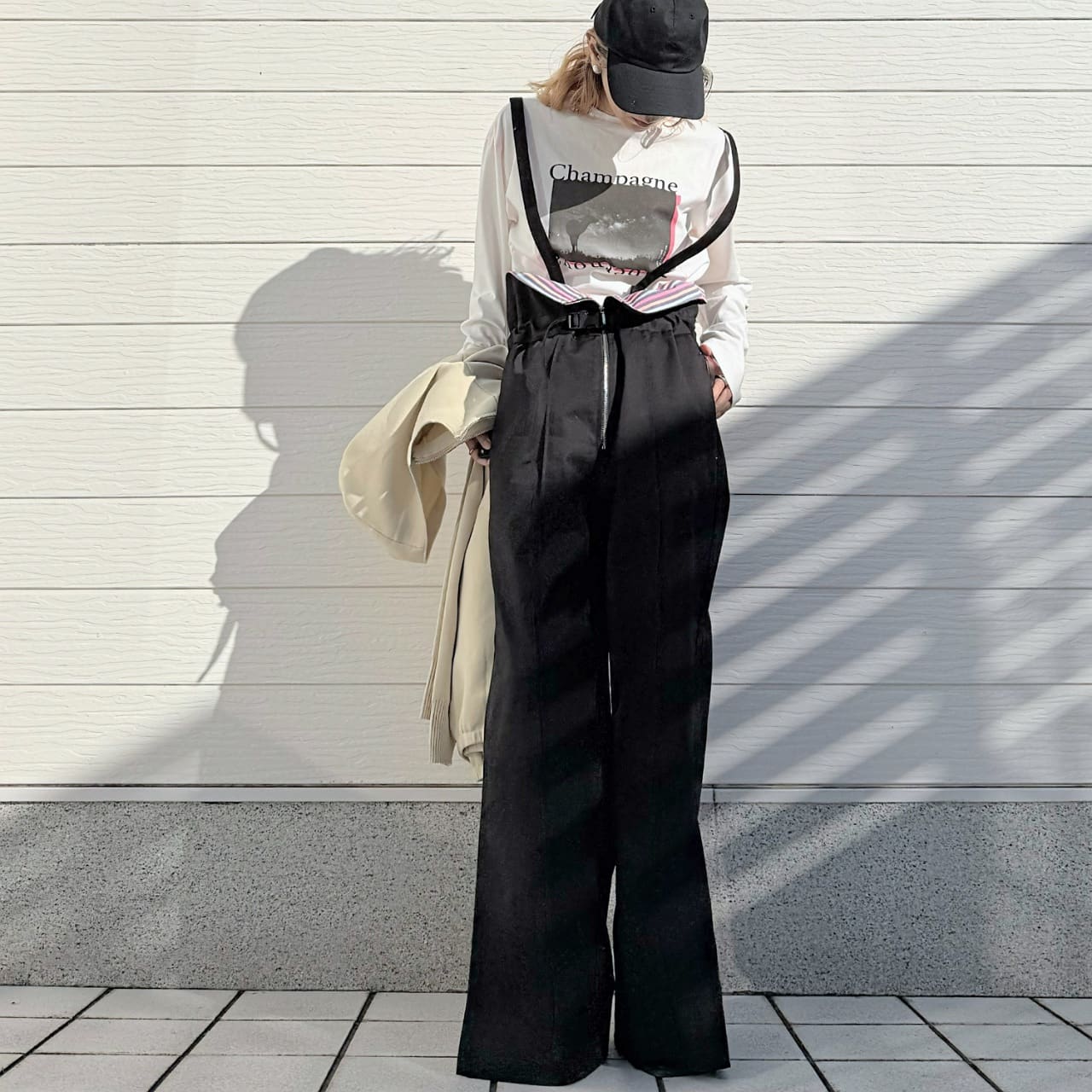 ボーダーリブサスペ2wayパンツ ブラック Free