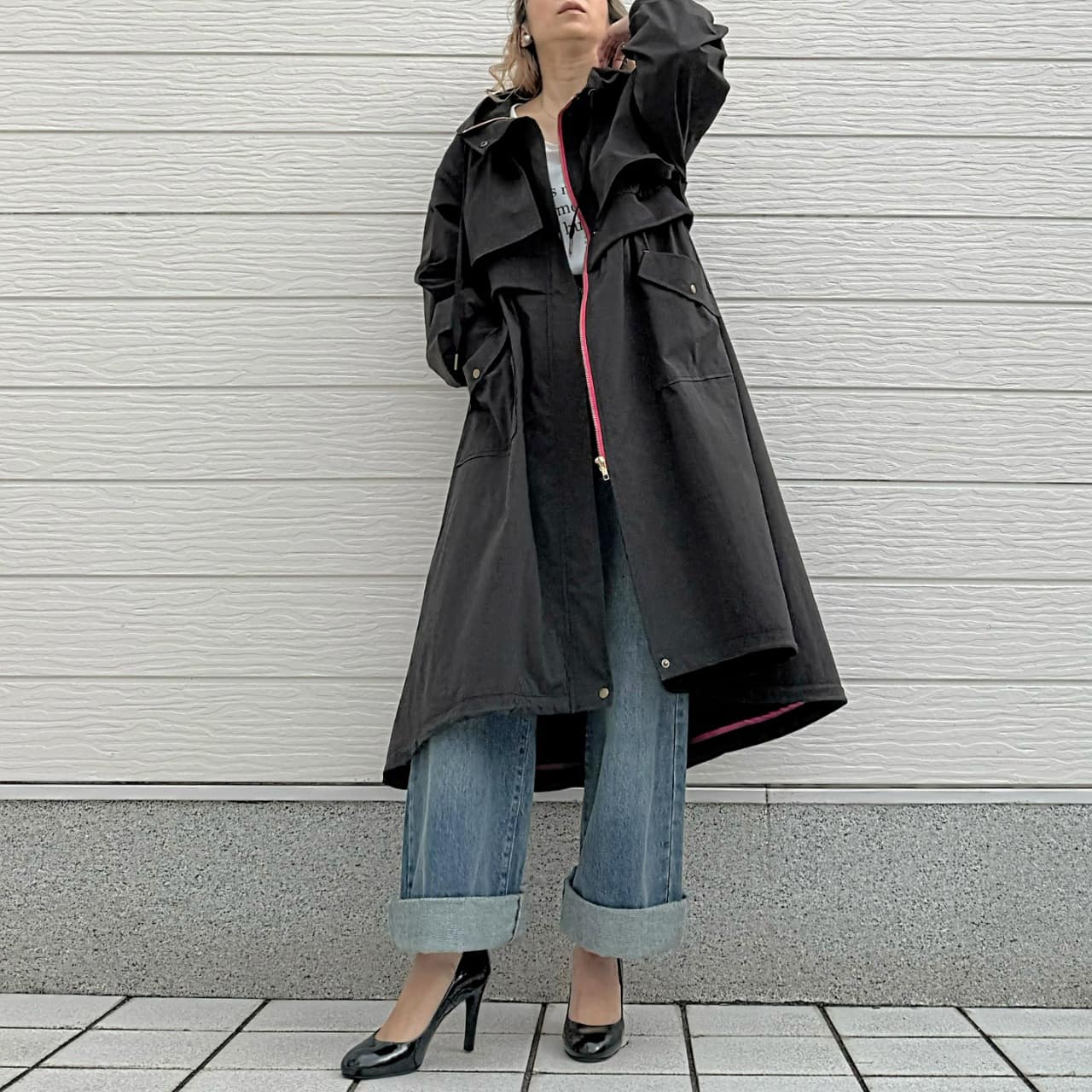 リブドッキングミリタリーコート チャコールグレー Free