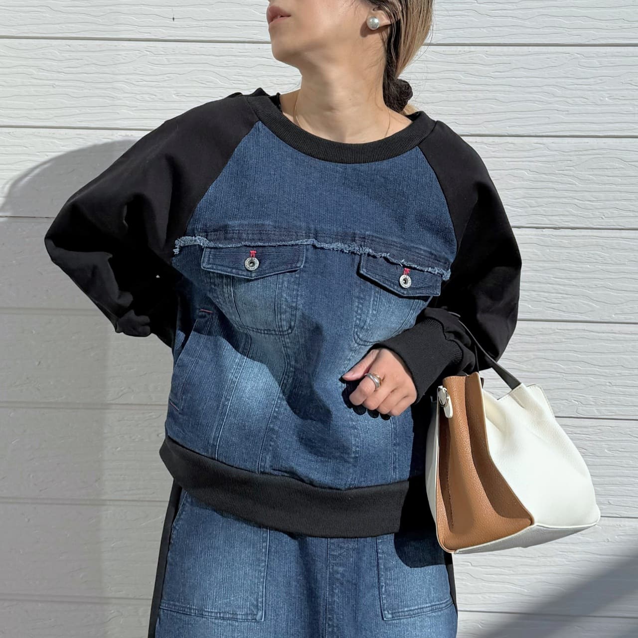 デニム裏毛ドッキングトレーナー インディゴブルー Free