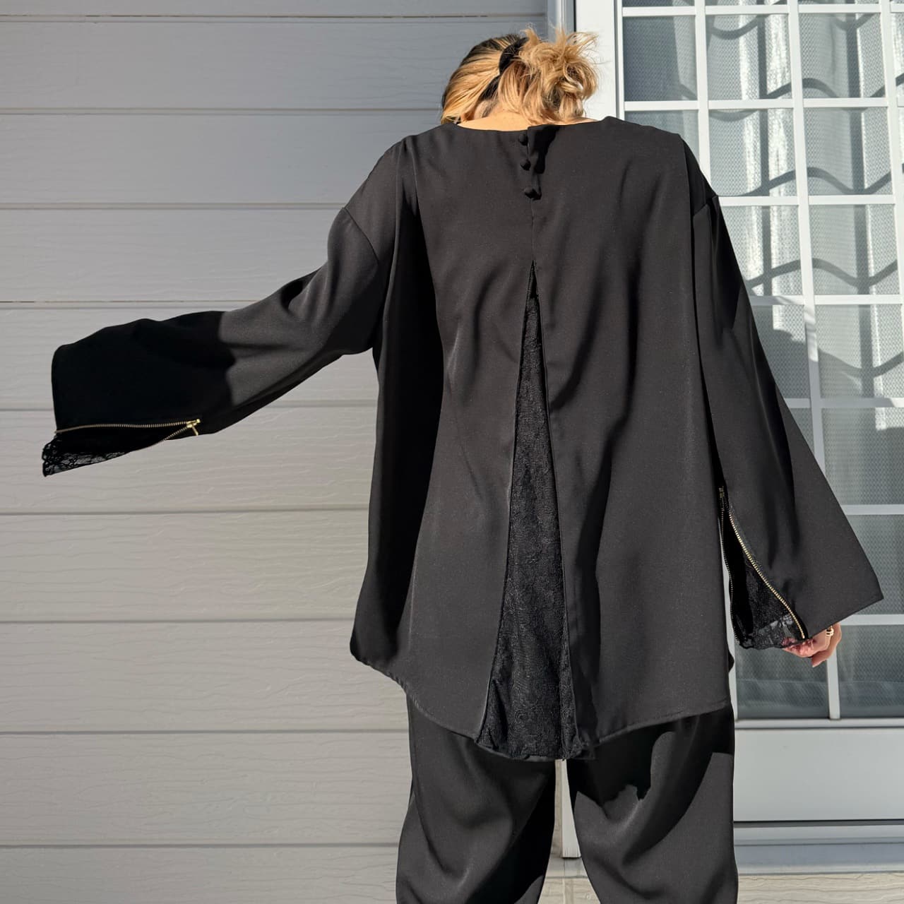 【セットアップ対応アイテム】レースドッキングツイルブラウス ブラック Free