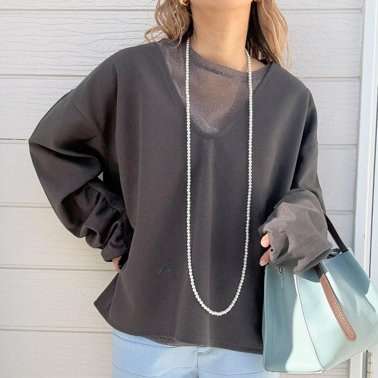 ブークレダンボールディープVネックトップス チャコールグレー Free