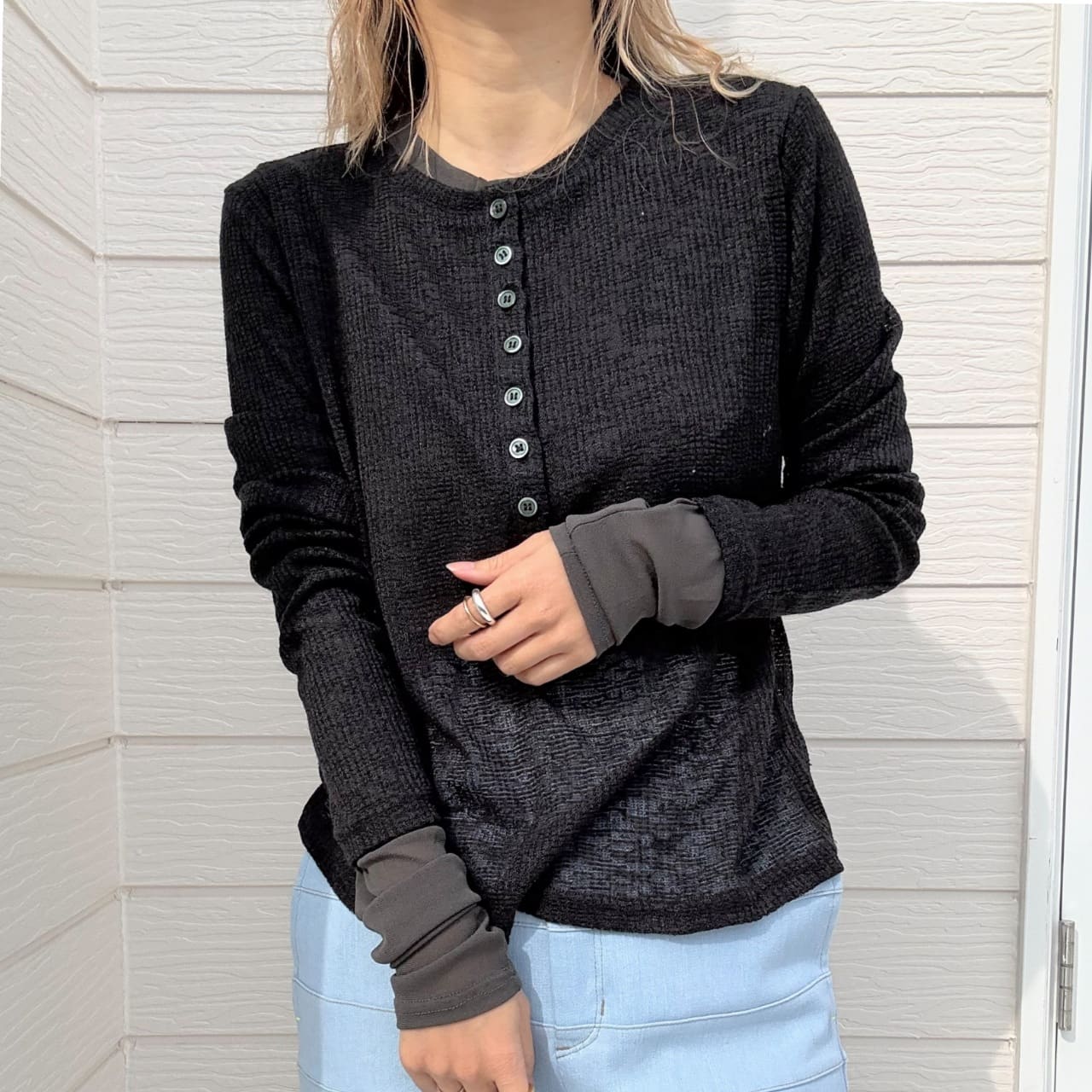 シアーヘンリーネックトップス チャコールグレー Free