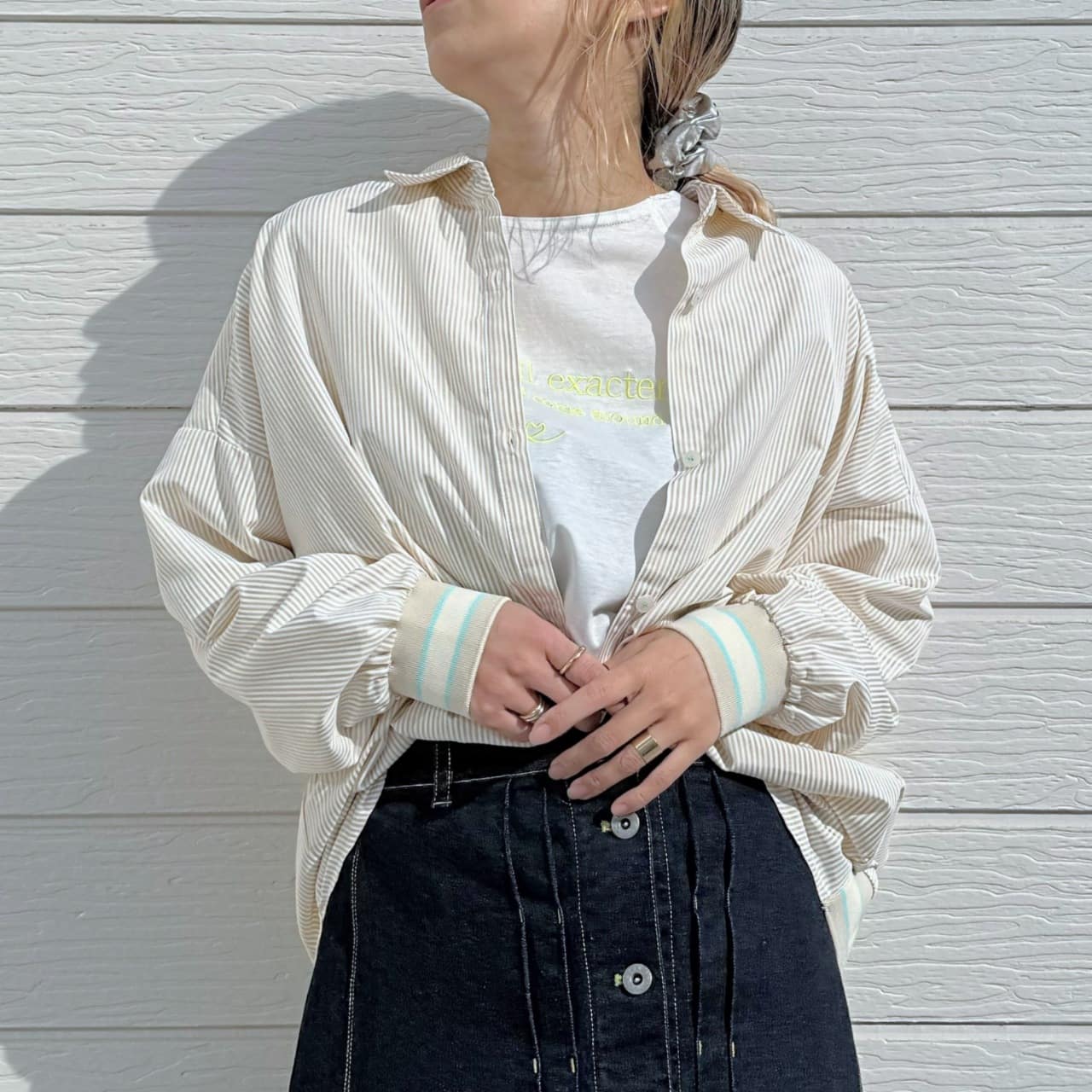 ピンストライプリブドッキングシャツ ベージュ Free