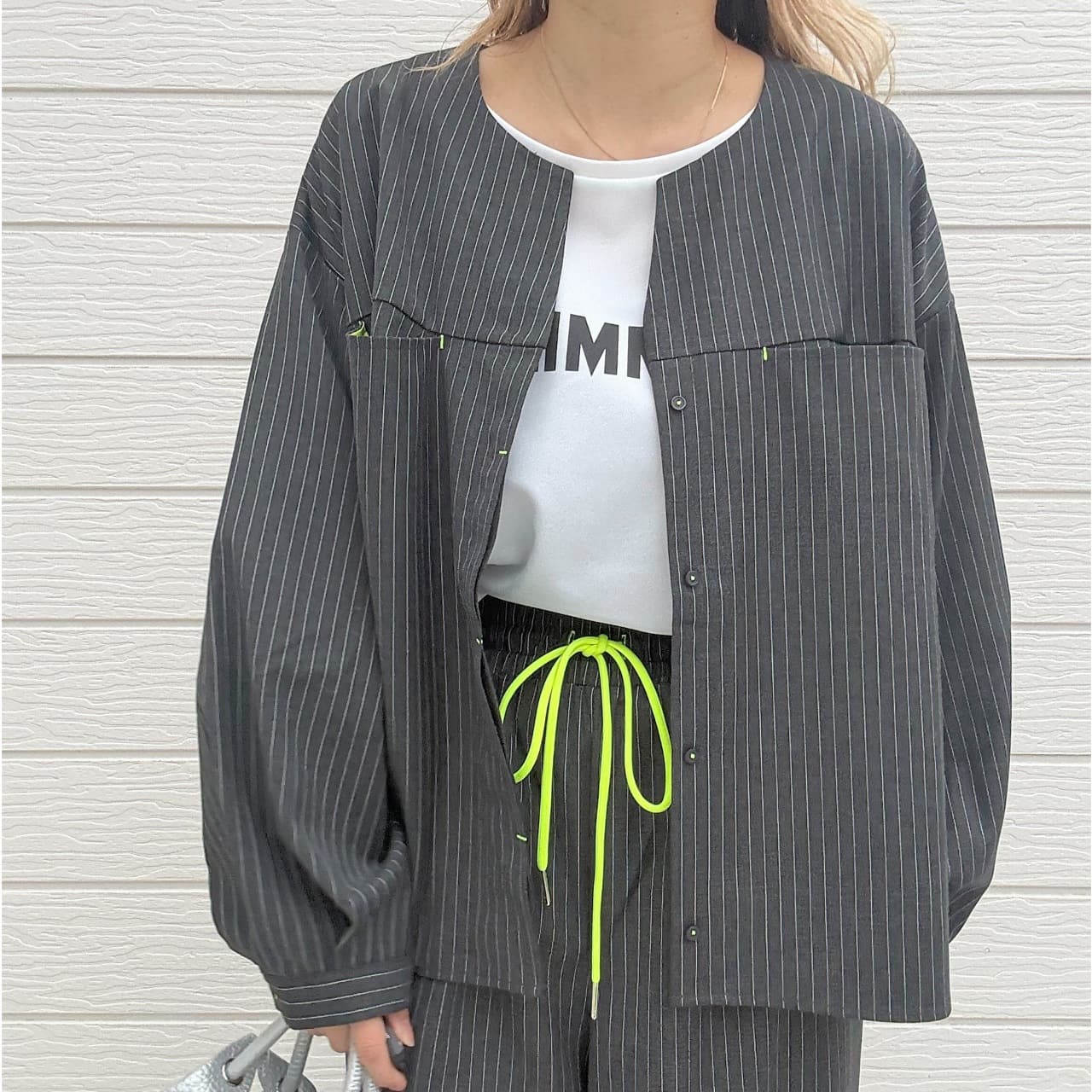 【セットアップ対応アイテム】ストライプシャツジャケット チャコールグレー Free