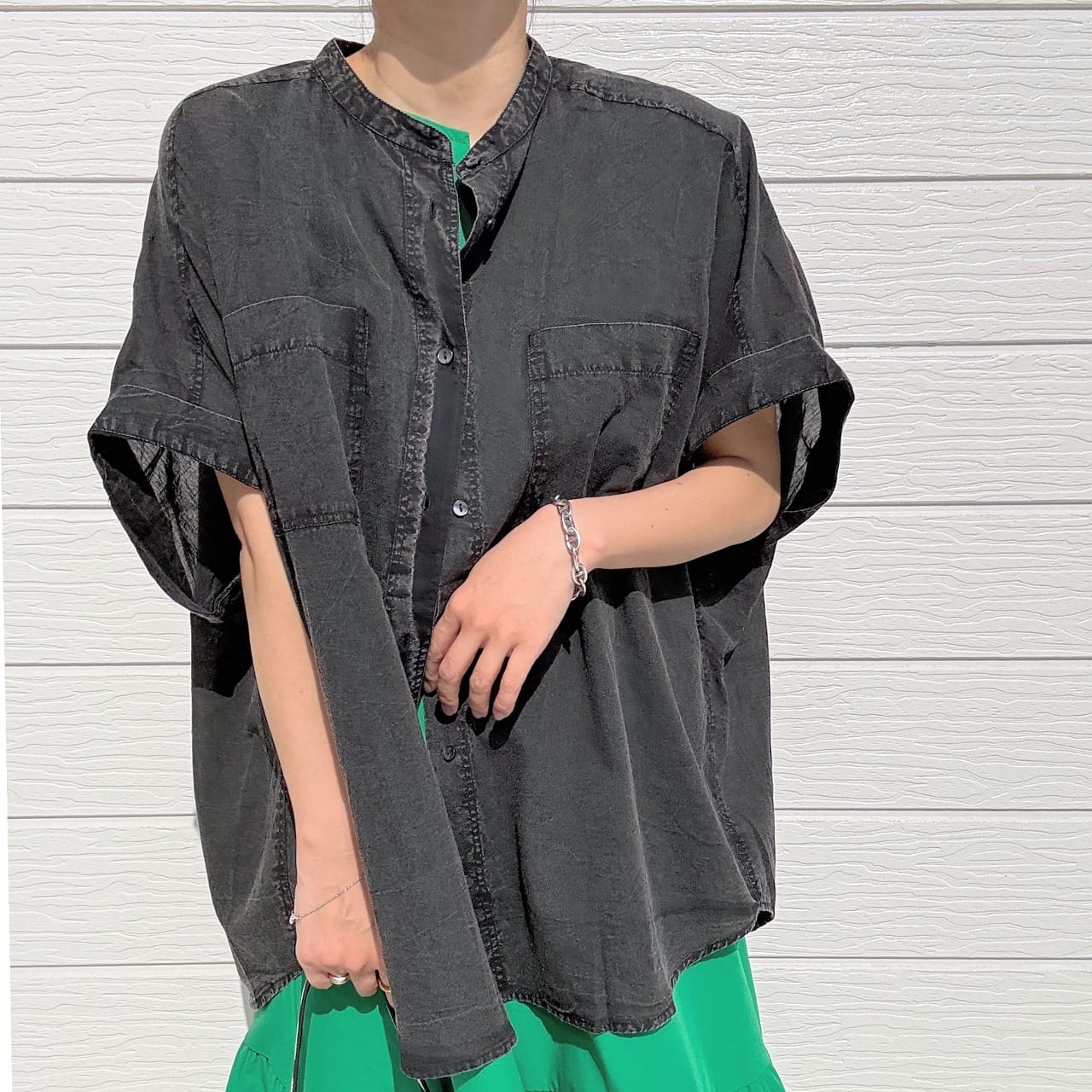 アッシュドウオッシュコットンボイルシャツ ブラック Free