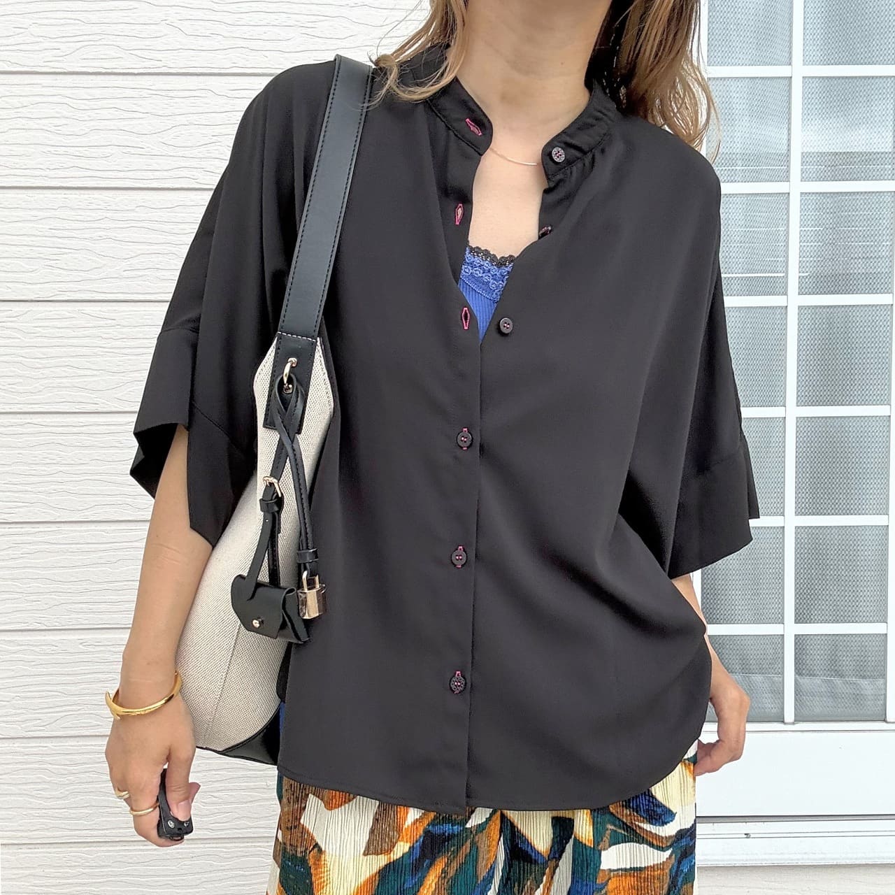 BOXシルエット5分袖シャツ ブラック Free