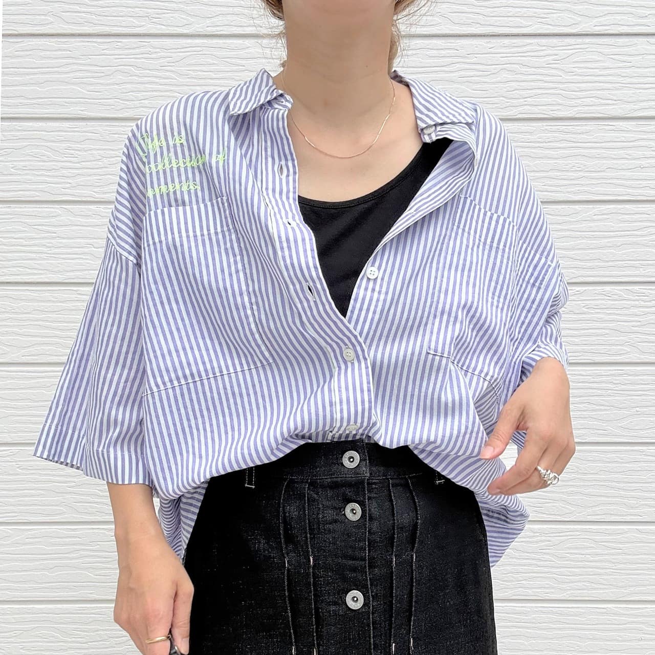 キャンブリックボイル刺繍シャツ ラベンダーストライプ Free