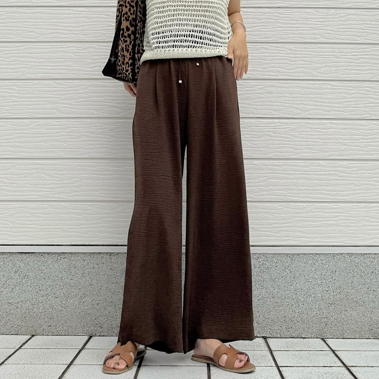 リラックス麻ライクワイドパンツ ブラウン Free