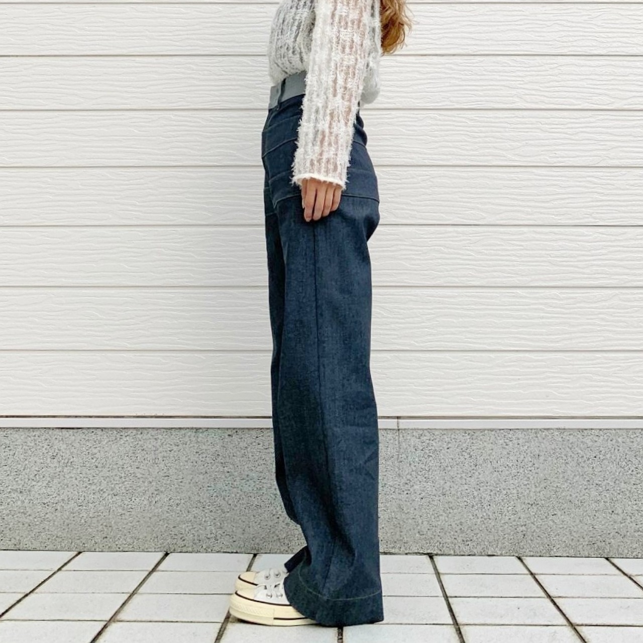 バイカラーボーダーラインデニムパンツ(S(36) グレー)｜ Q