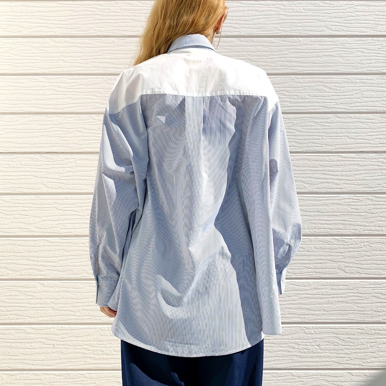 ストライプドッキングシャツ ブルー系 Free