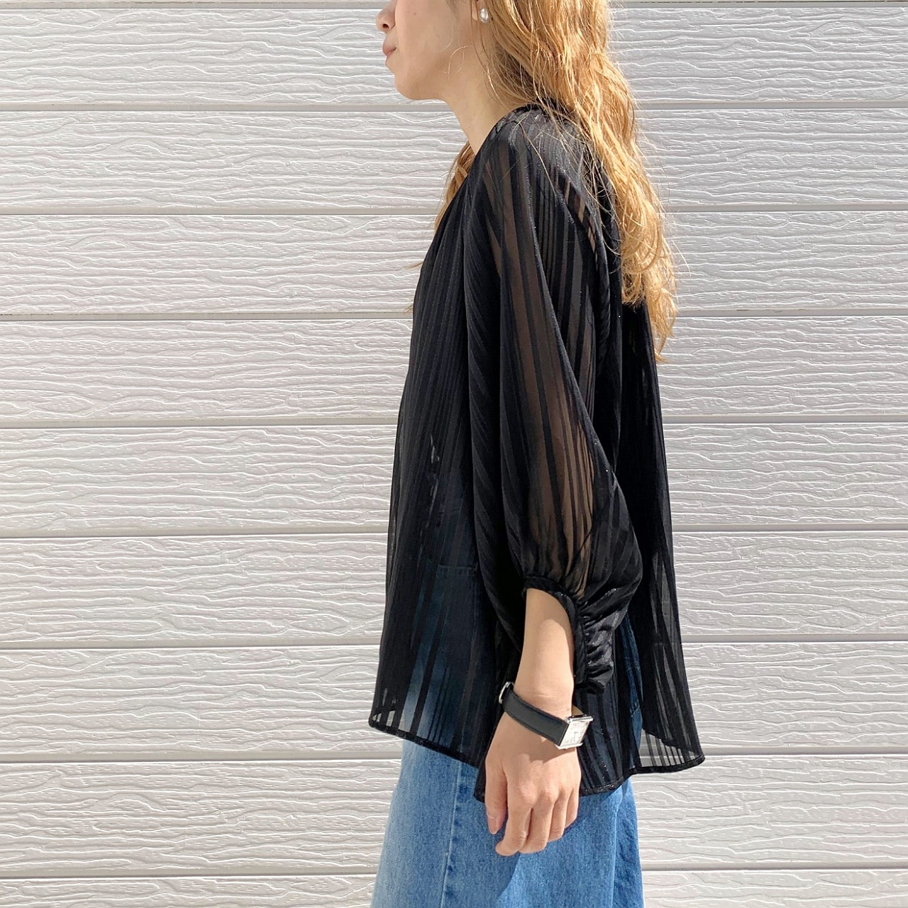 ラメストライプエアシャイブラウス グリーン Free