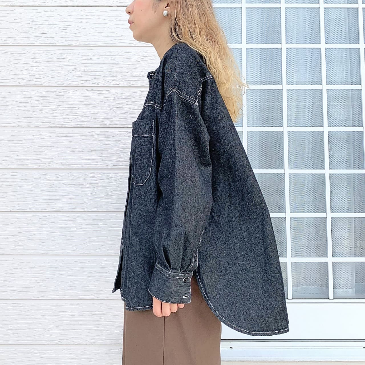 バンドカラーデニムシャツ インディゴ Free