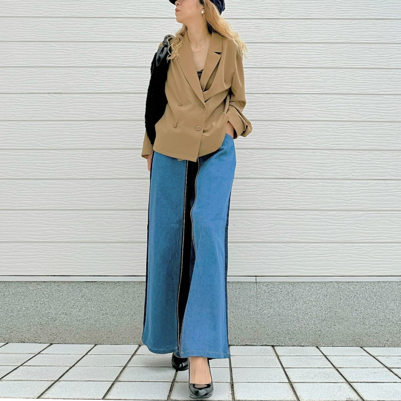 ダブルブレストバイカラージャケット キャメル Free