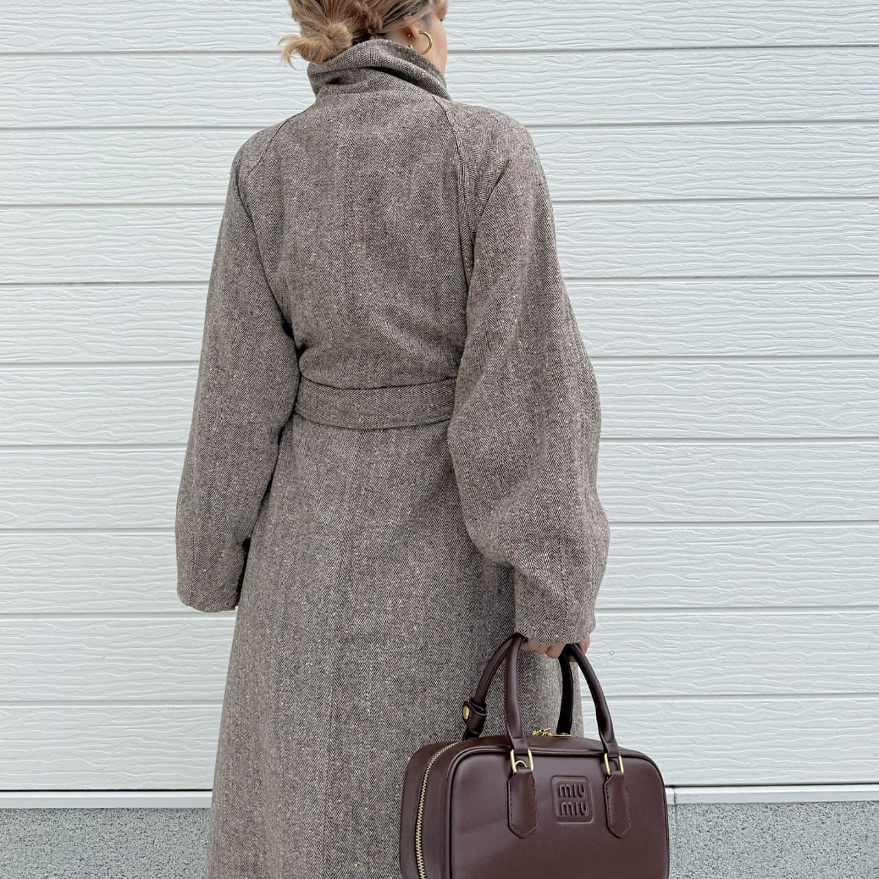 ヘリンボーンスタンドロングコート ブラウン Free