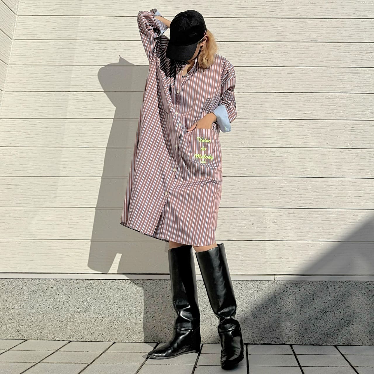 ポケット刺繍ロングシャツ ブラウン Free