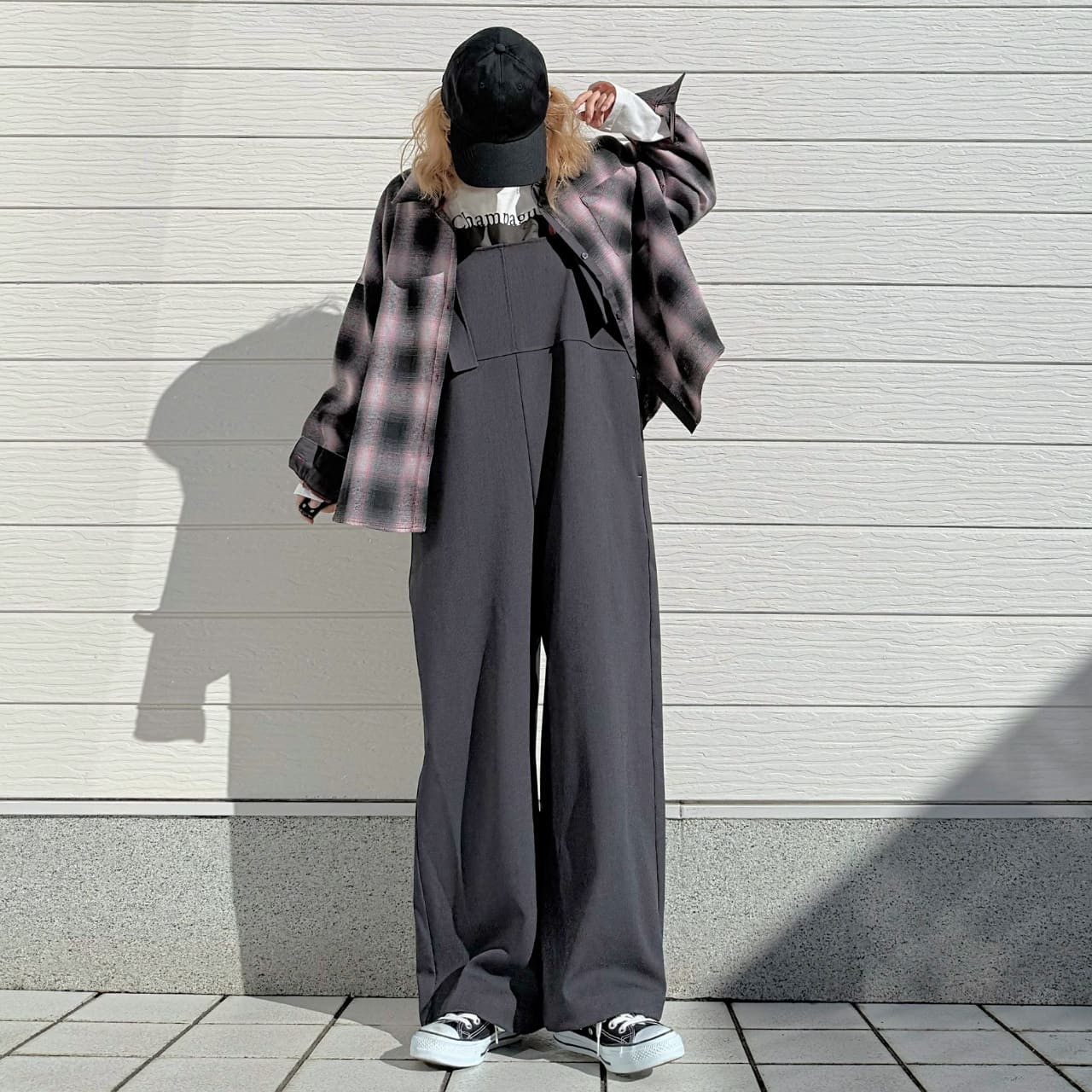 シャドーチェックオーバーサイズシャツ ピンク Free