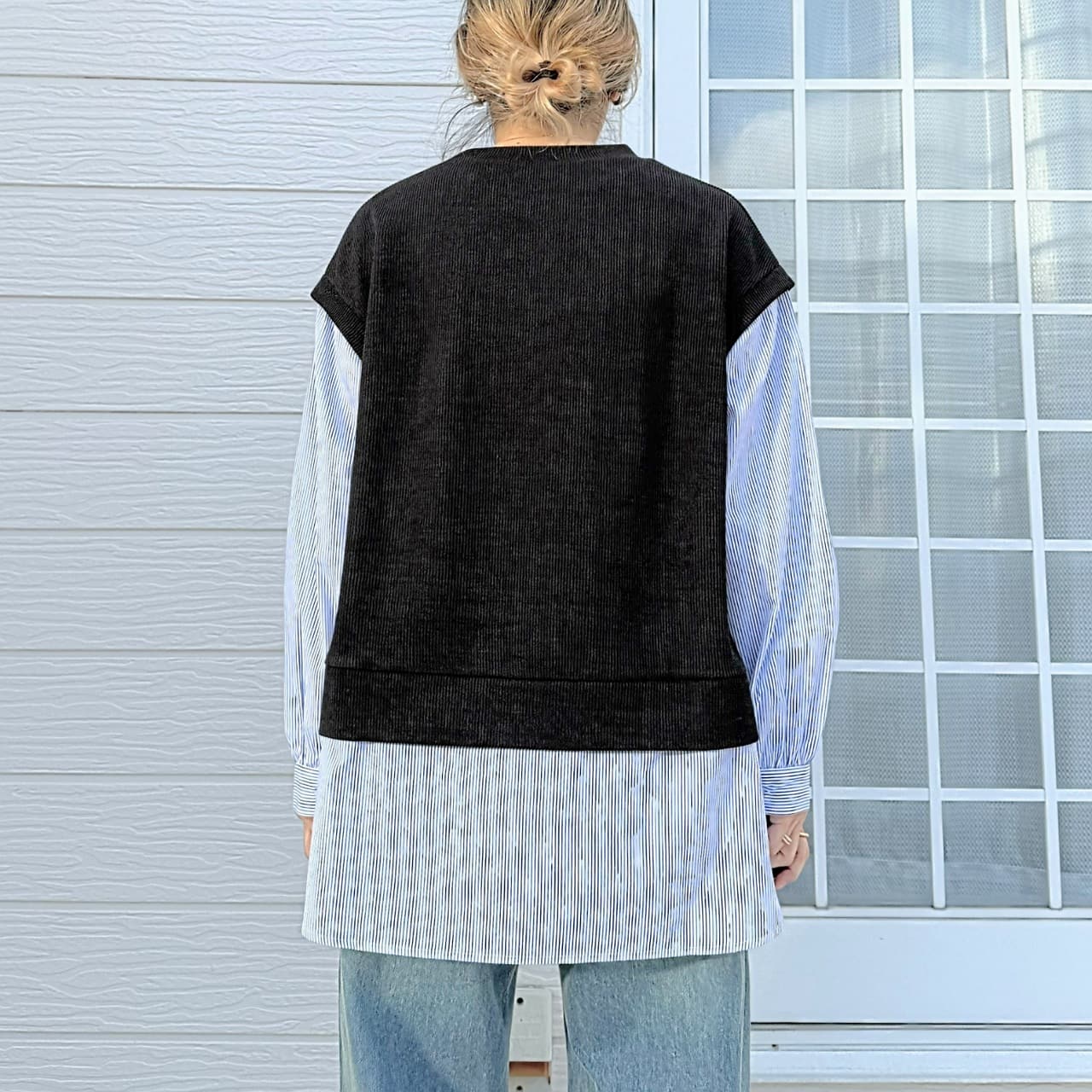 ストライプシャツドッキングニット ホワイト Free