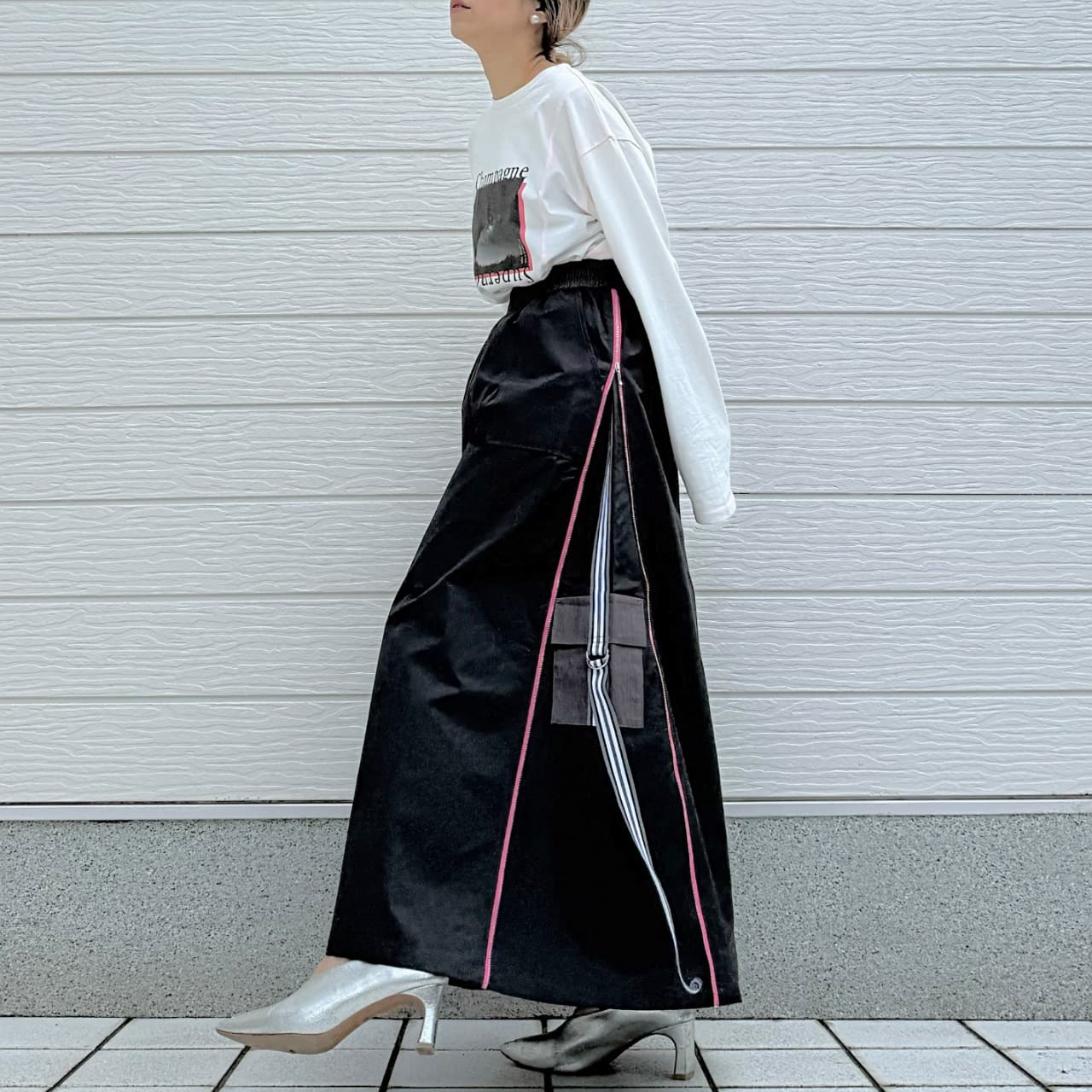 切替サイドZipラインスカート カーキ Free