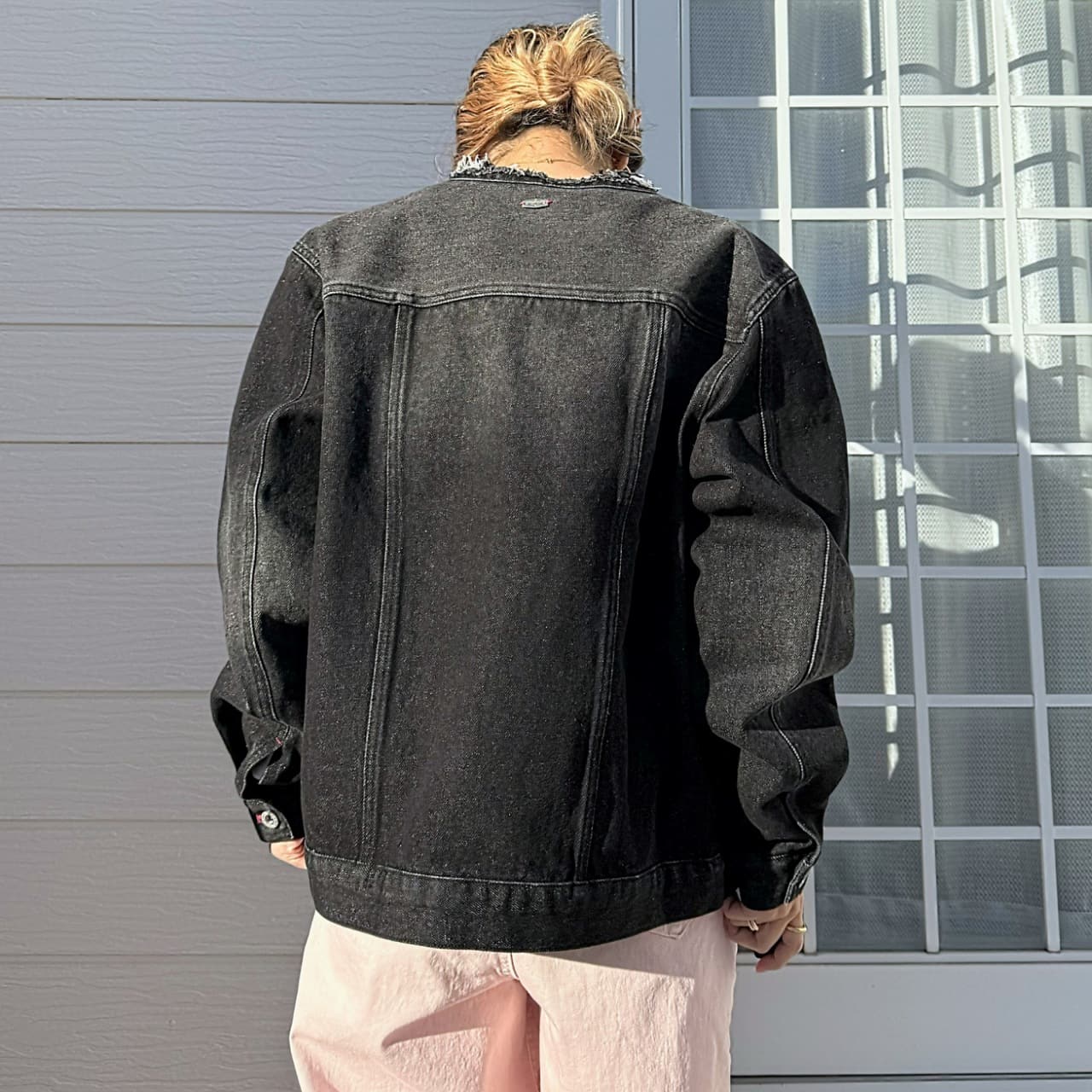 ノーカラーデニムブルゾン サックス Free