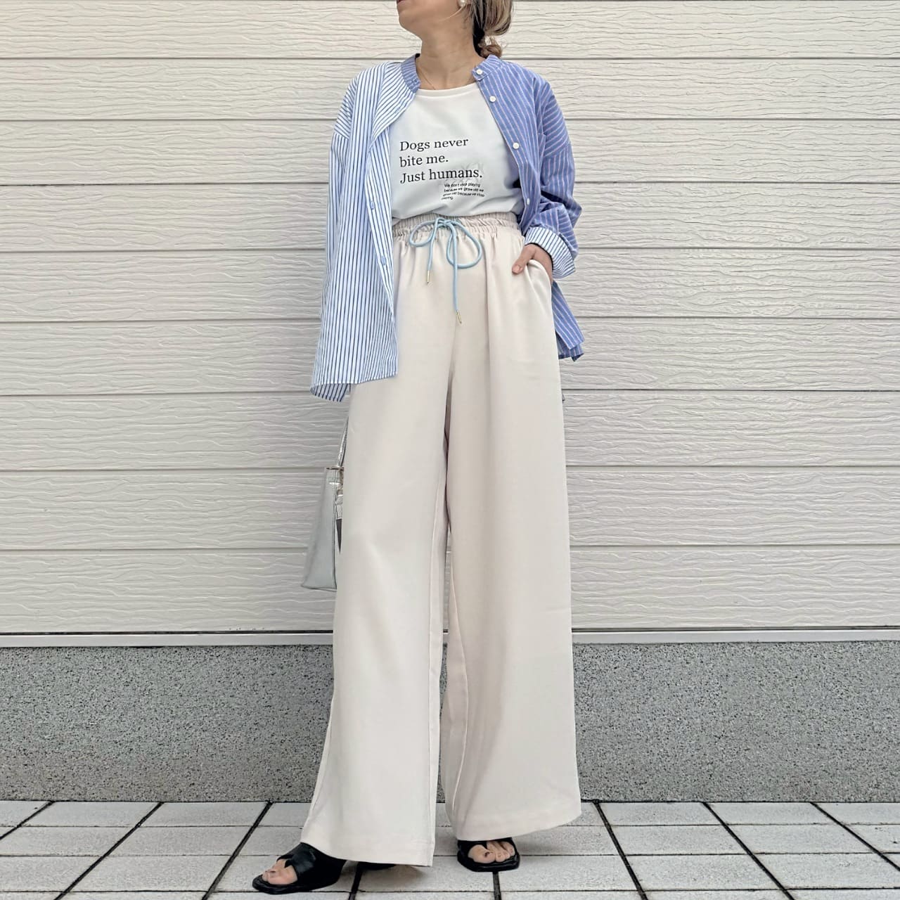 ミックスストライプシャツ ブルー系 Free