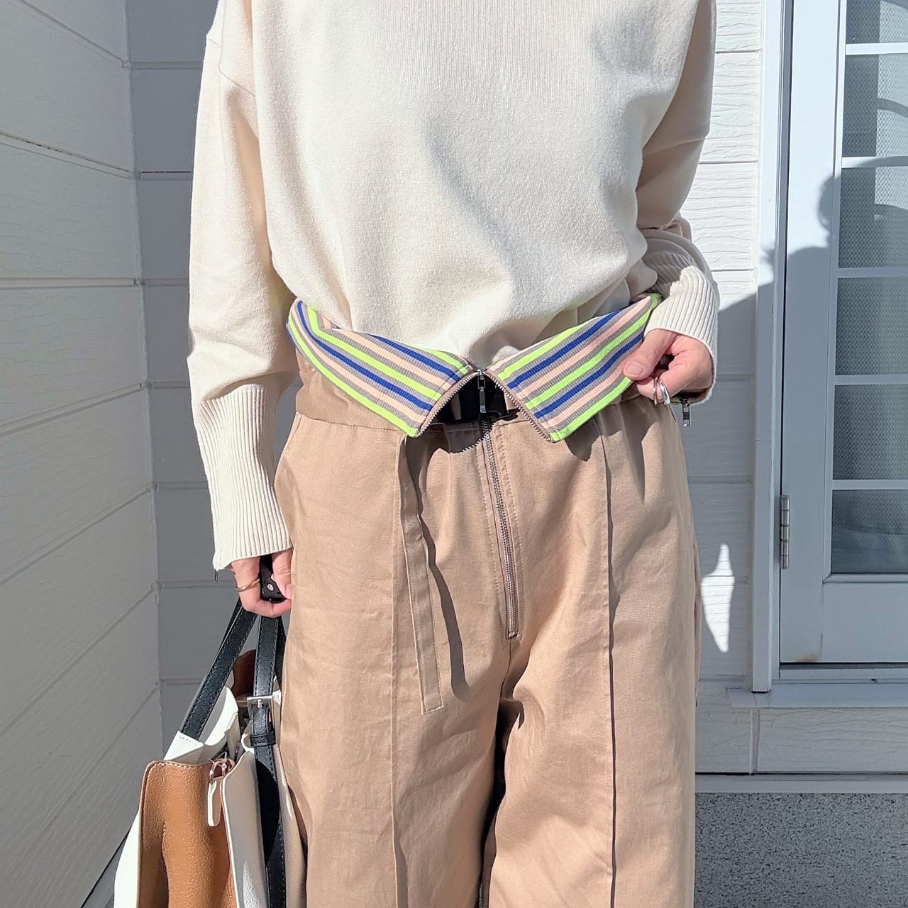 ボーダーリブサスペ2wayパンツ ベージュ Free