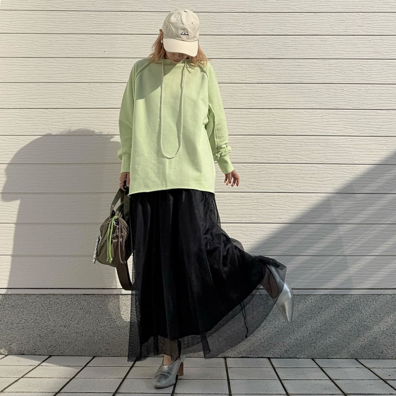 ボートネックラグラン裏毛トップス ライトグリーン Free