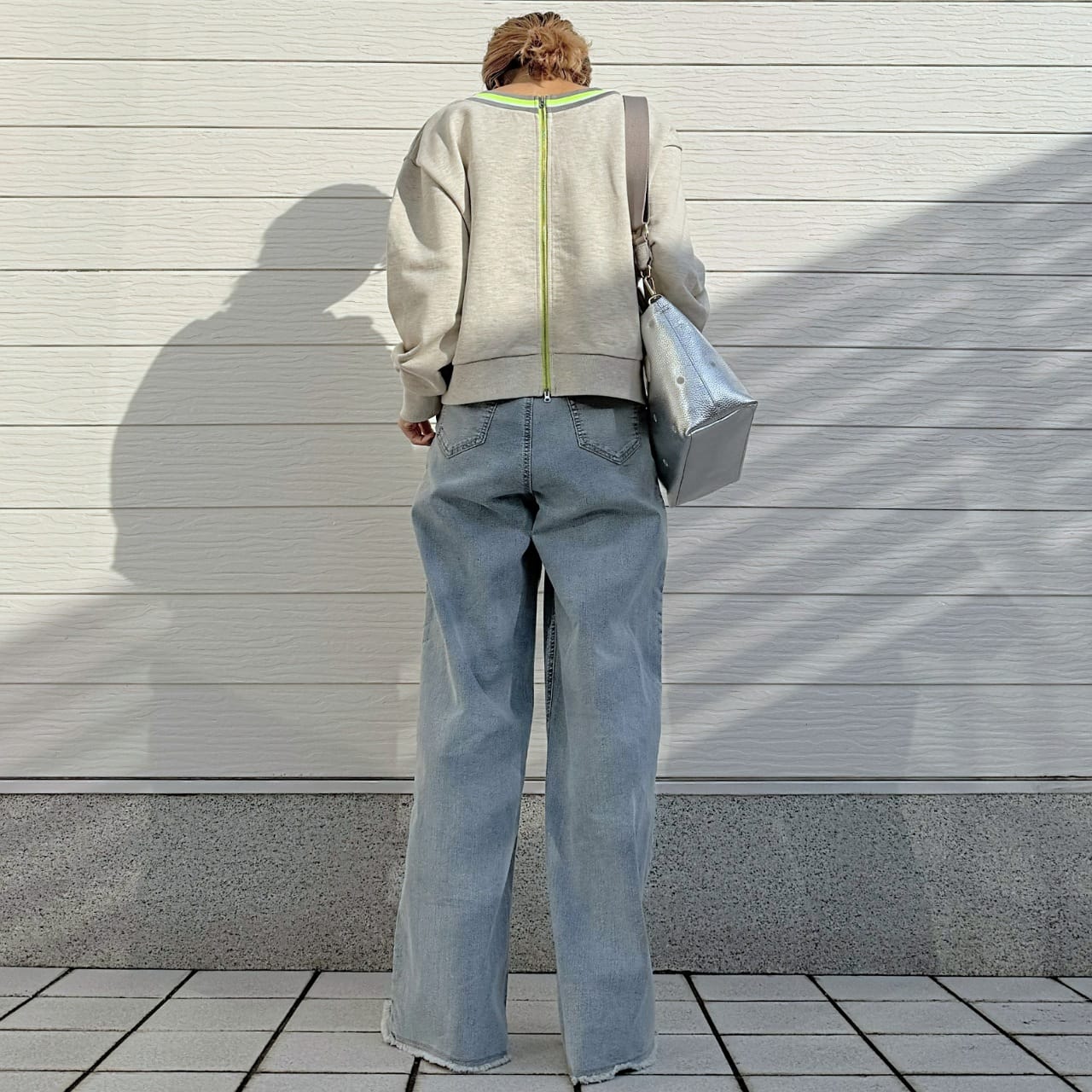 リブネックオープンZIPトップス ライトグレー Free